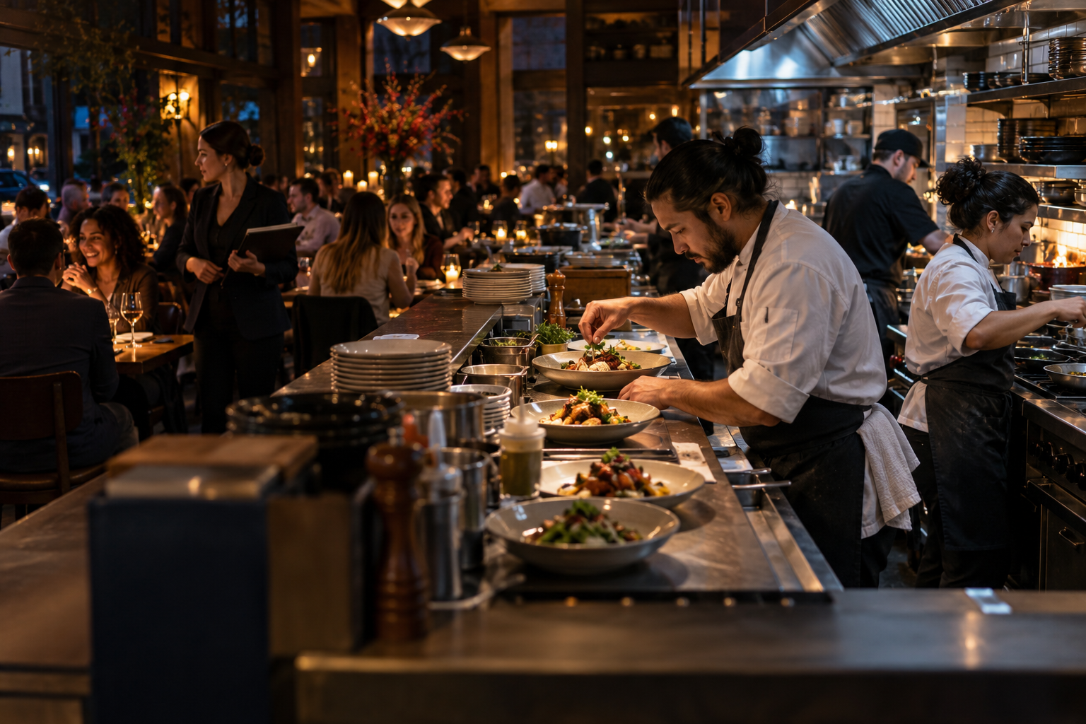 Illustration of a restaurant team coordinating dinner service